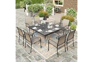 HERA'S HOUSE Patio Dining Set 9 Pieces, Outdoor Table and Chairs Set for 8, 8 x Brown Textilene Dining Chair, 60" Square Metal Dining Table with 1.57" Umbrella Hole, for Lawn Garden Backyard Deck