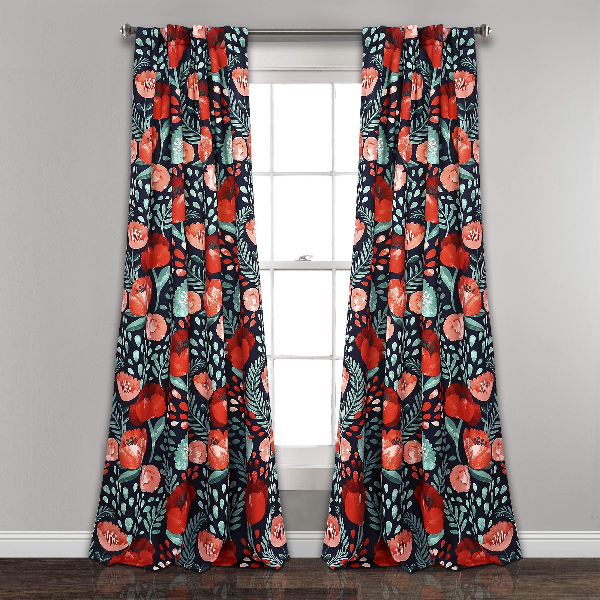 Lush Decor, 95" x 52", Navy Poppy Garden Curtains Light Filtering Window Set for Living, Dining, Bedroom, 95 in L Panel Pair — image 1