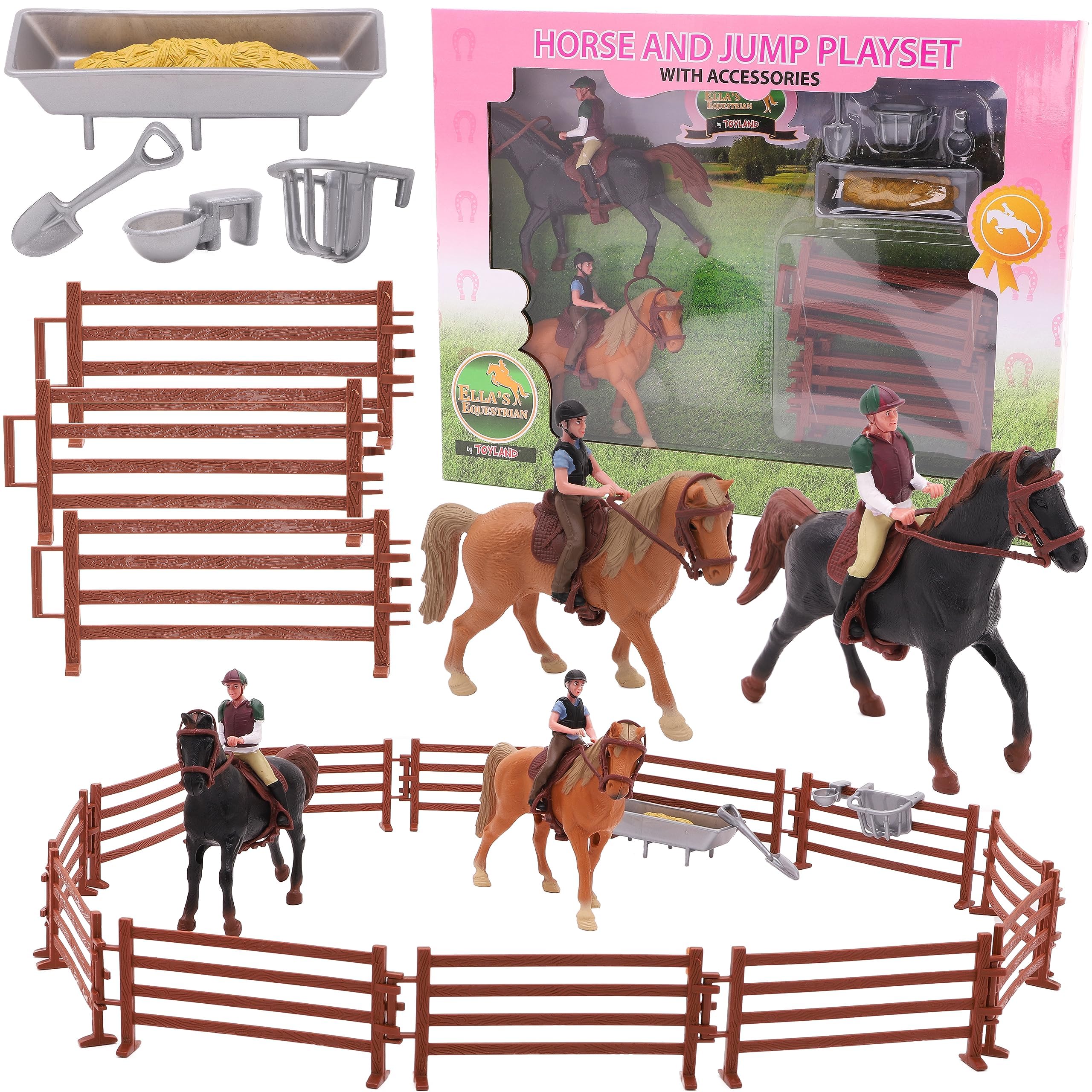 Toyland® 20 Piece Horse & Jump Fence Playset with Accessories - Equestrian Toys for Kids - Horses, Rides & Jumping Fences - Imaginative Role Play Set