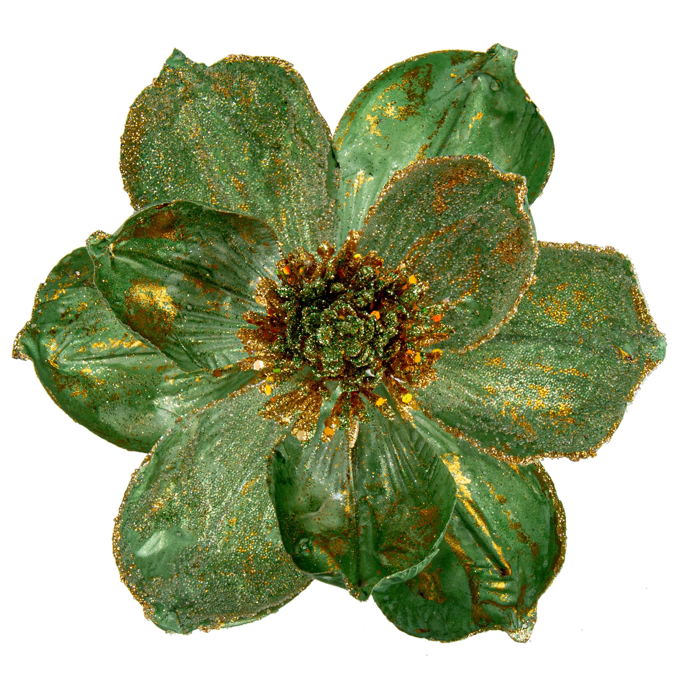 Briful 4-Pack 8" Glitter Magnolia Artificial Flower Stem Large Magnolia Green Artificial Flowers for Christmas Tree Decorations Artificial Christmas Flowers for Xmas Decorations