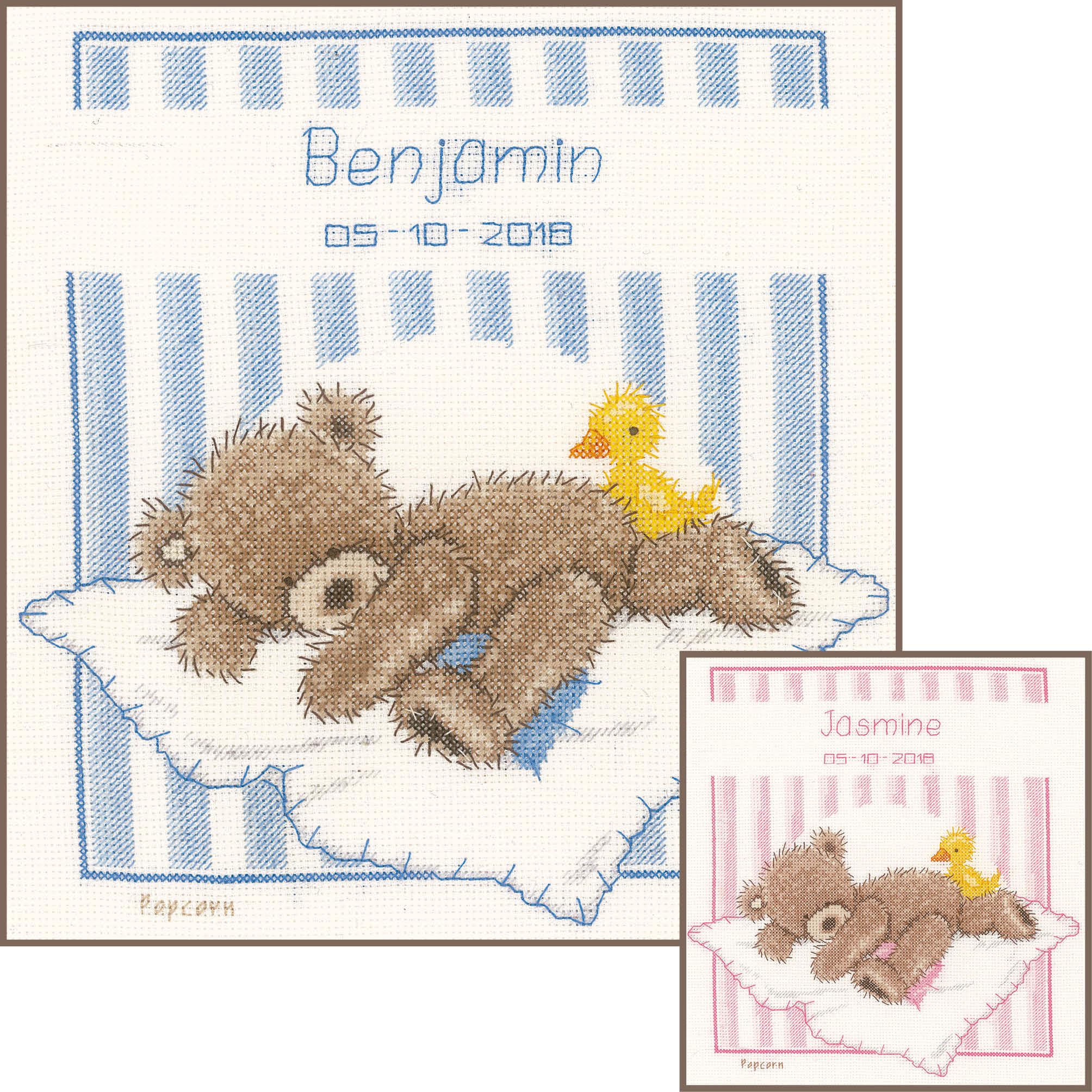 Vervaco Counted Cross Stitch Kit: Birth Record: Popcorn Bear & Soufflé Duck, 16 x 13cm PN-0148181