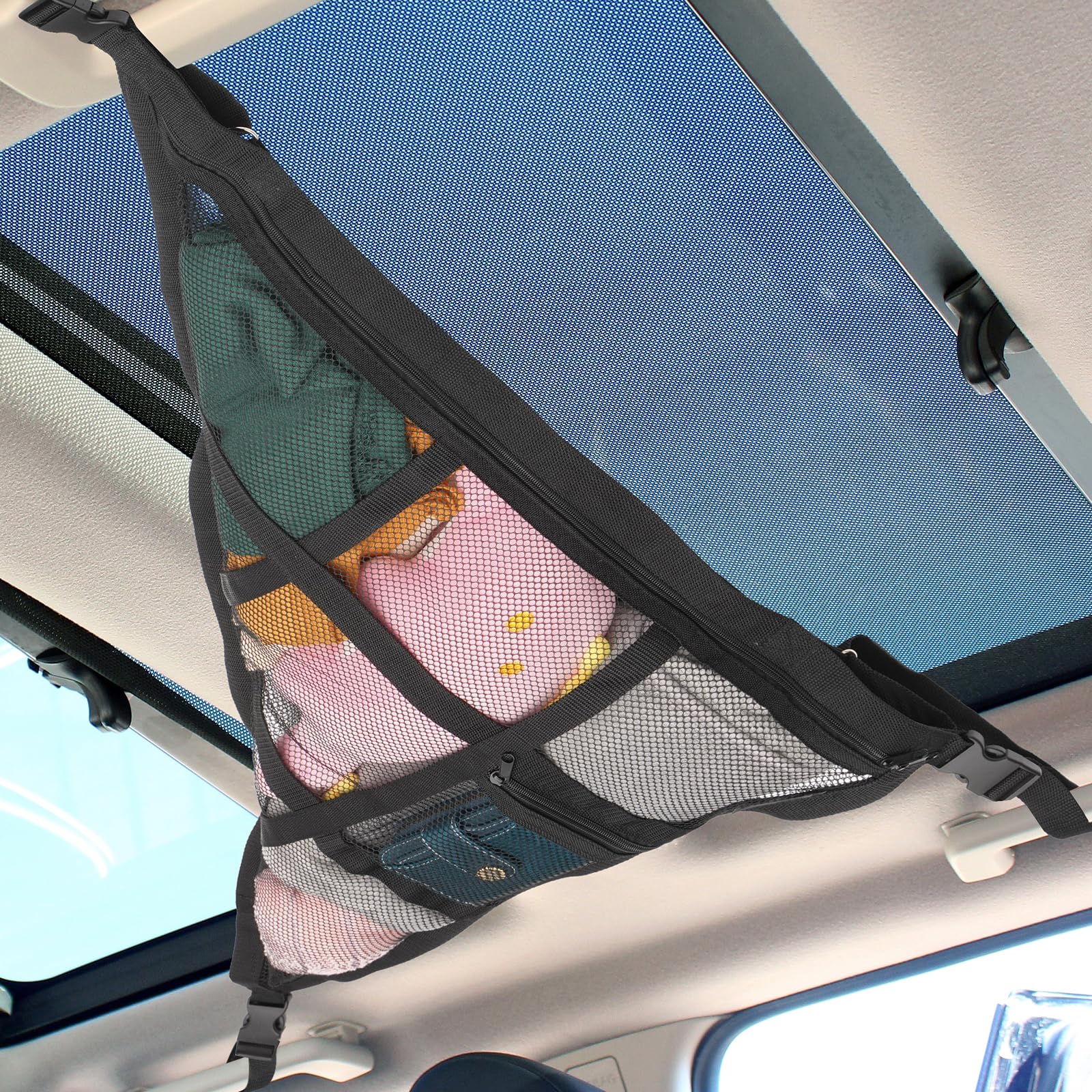 Photo 1 of Kaskawise 31.5"x21.6" Car Ceiling Cargo Net – Double-Layer Roof Storage Organizer for 3-Handle & 4-Handle Vehicles, Perfect for Road Trips & Car Camping