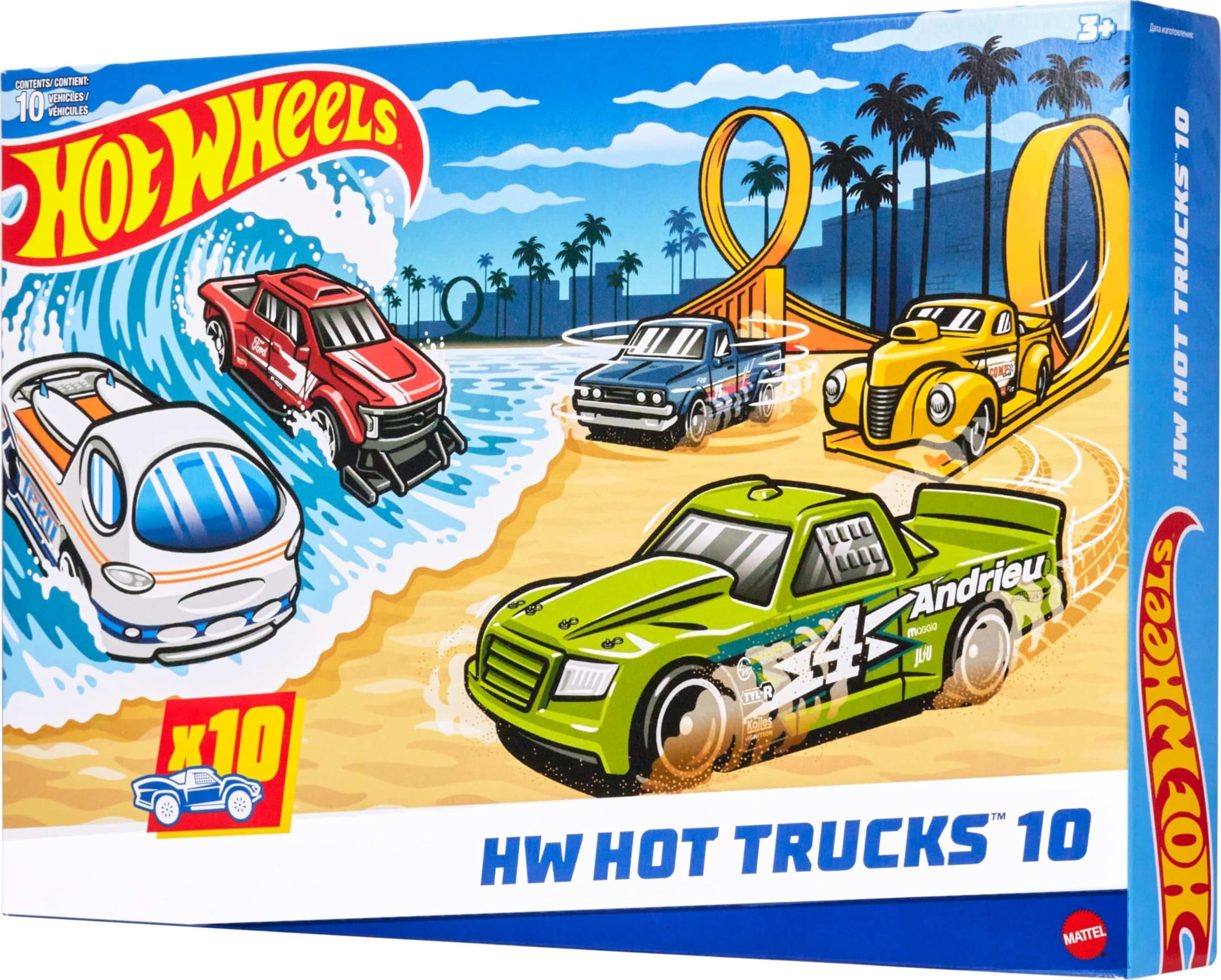 Hot Wheels Toy Trucks 10-Pack (Assorted Styles, One Random Set), Set of 10 Die-Cast 1:64 Scale Utility, Racing & Other Pickups or Vans, Modern & Retro Models, HYM97 — image 1
