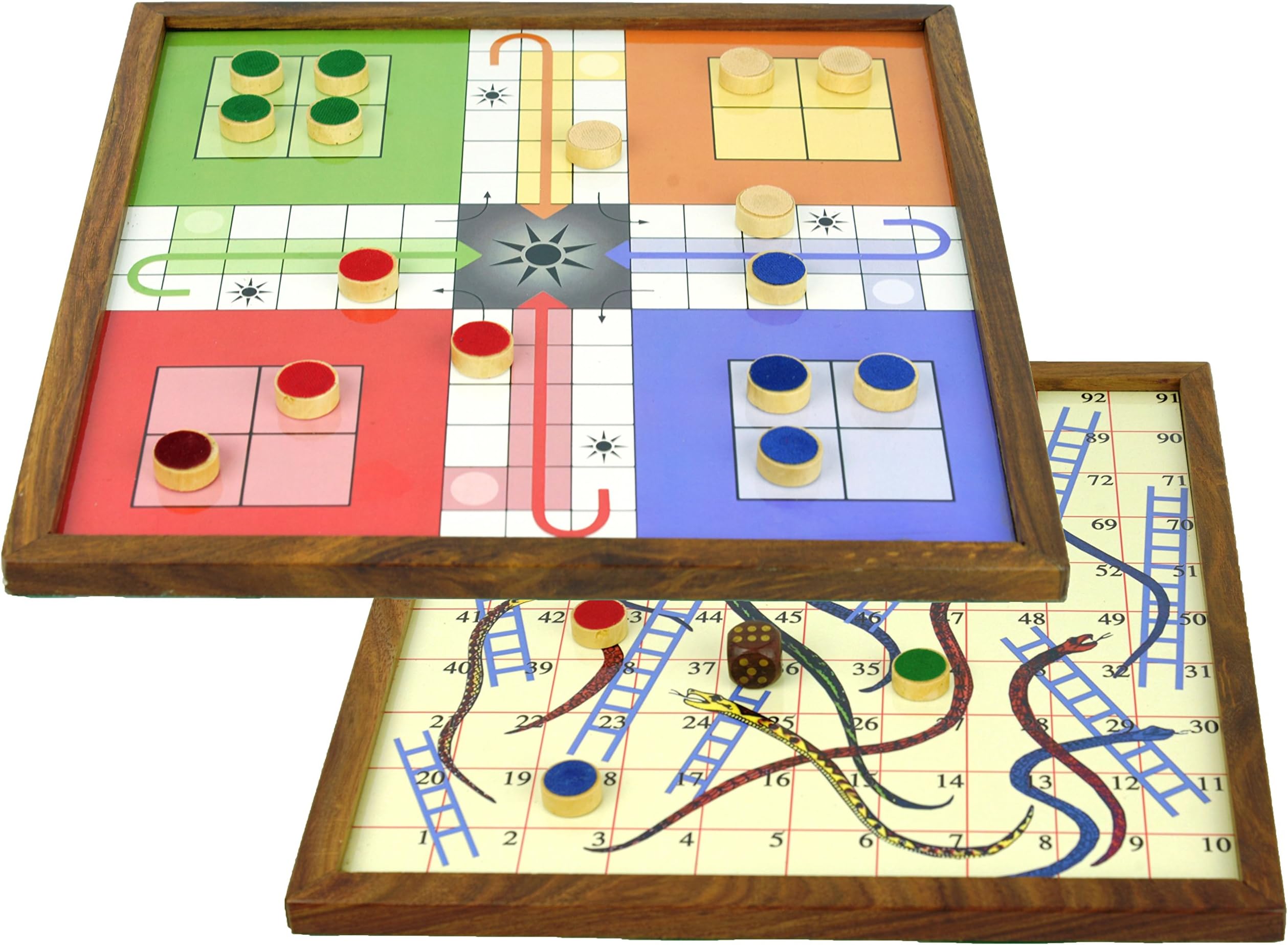 10 inches Handcrafted 2 in 1 (Reverse) Wooden Magnetic Game Board - Snake Ladder and Ludo Set on Reverse Board