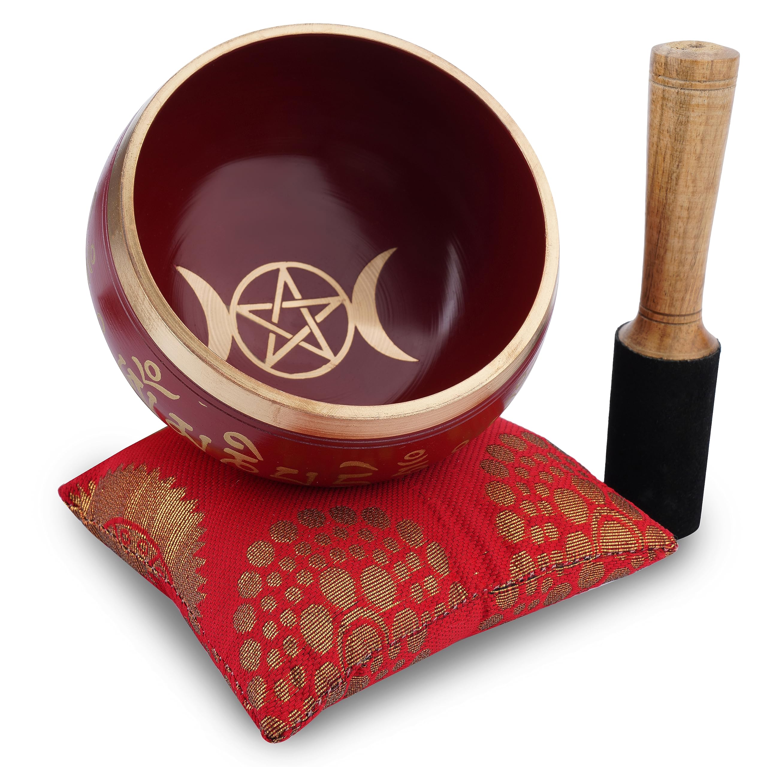 Ajuny Tibetan Singing Bowl Set Handmade Brass Sound Bowl with Mallet & Cushion Moon & Star Design Meditation Yoga Mindfulness & Chakra Healing Therapy Stress Relief Gift (Gold/Maroon, 4 In)