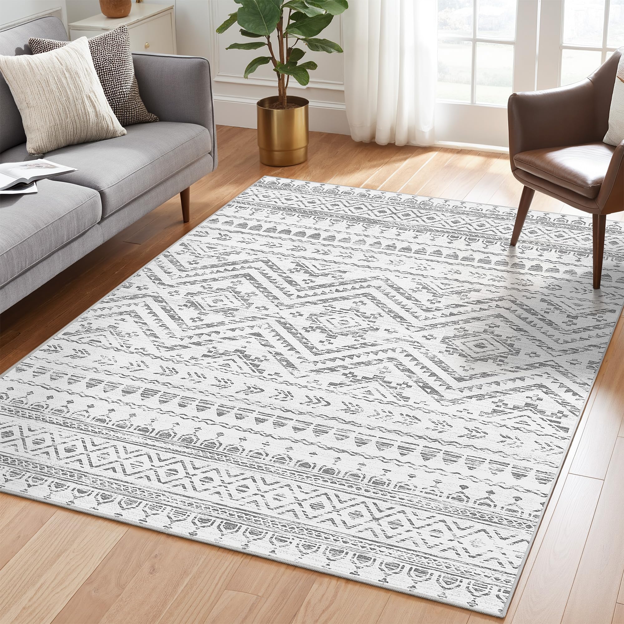 Photo 1 of Miukiki 4x6 Area Rug for Living Room Moroccan Washable Rugs Non Slip Indoor Floor Carpet Foldable Large Soft Area Rug for Dining Room Bedroom with Low Pile(Grey,4'x6')