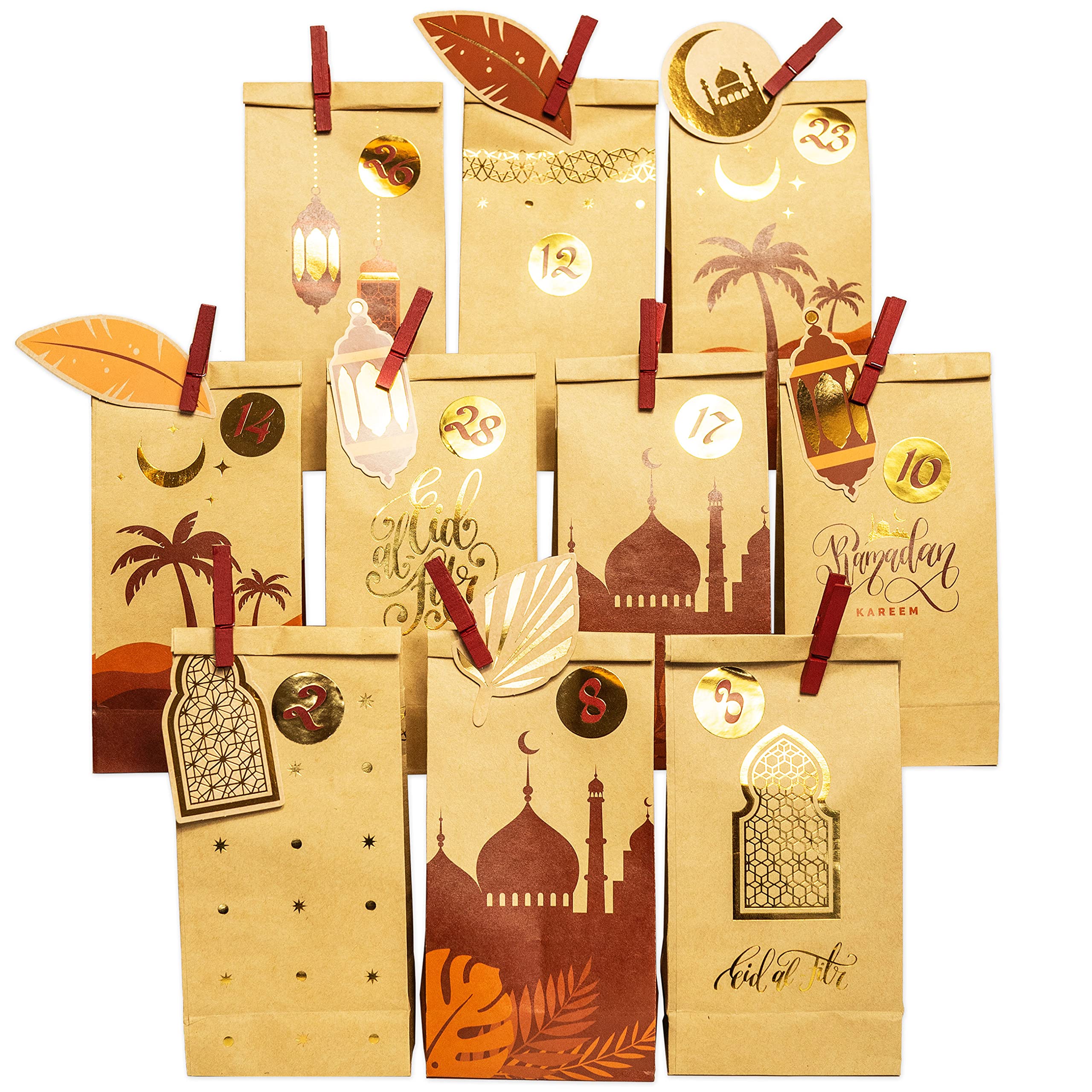 Papierdrachen DIY Ramadan Calendar for Filling, for Children and Adults, Printed Kraft Paper Bags in Brown, Gold, for Standing and Decorating, Eid Mubarak, Reusable, Set 3 โ image 1