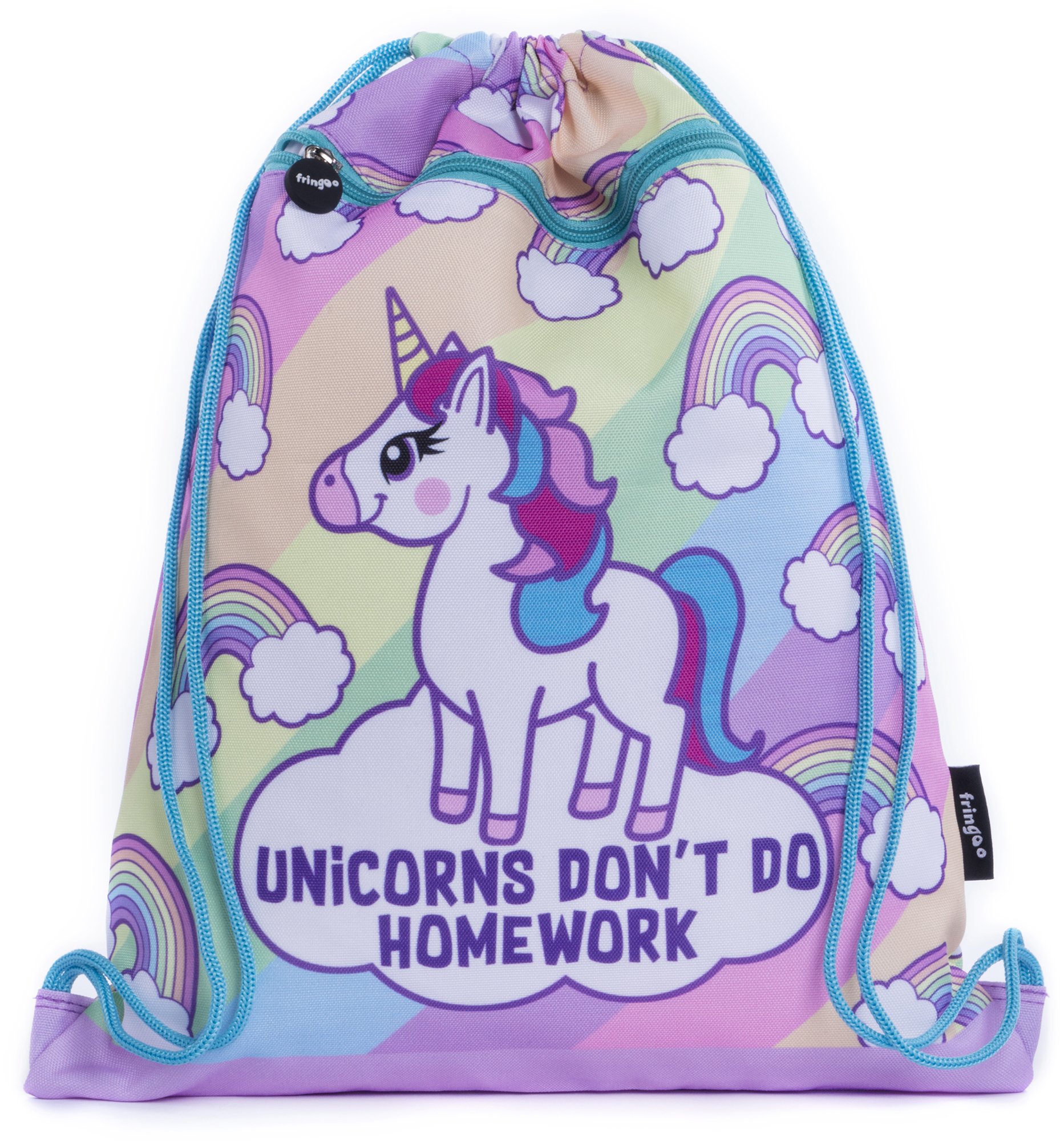 Fringoo - Kids Drawstring Bag - Front Zipped Pocket - Large Capacity Drawstring Bag - PE Bag - School - Gym - Swim - Pastel Unicorn Homework Design