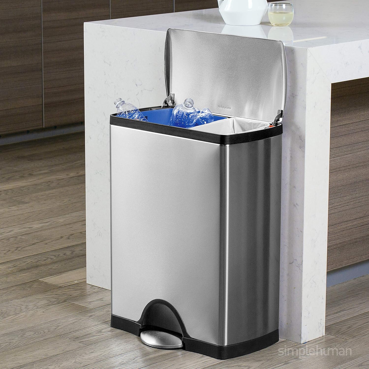 simplehuman 46 Liter / 12.2 Gallon Rectangular Dual Compartment Recycling Kitchen Step Trash Can, Brushed Stainless Steel: Home & Kitchen