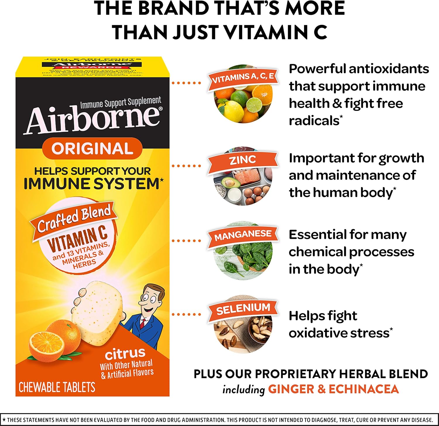Airborne Vitamin C 1000mg (per serving) - Citrus Chewable Tablets (96 count in a box), Gluten-Free Immune Support Supplement With Vitamins A C E, Zinc, Selenium, Echinacea, Ginger, Antioxidants: Health & Personal Care