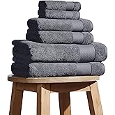 BIOWEAVES 100% Organic Cotton 700 GSM Plush 6-Piece Towel Set GOTS Certified, 2 Bath Towels, 2 Hand Towels & 2 Washcloths - Charcoal