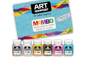 FARBA USA Metallic Acrylic Fabric Paint Set for Clothes Permanent. Colors 6x20 ml (0.68 Fl Oz). For Leather, T-shirt, Shoe, Upholstery, Furniture Non-Toxic, Long-Lasting, Waterproof