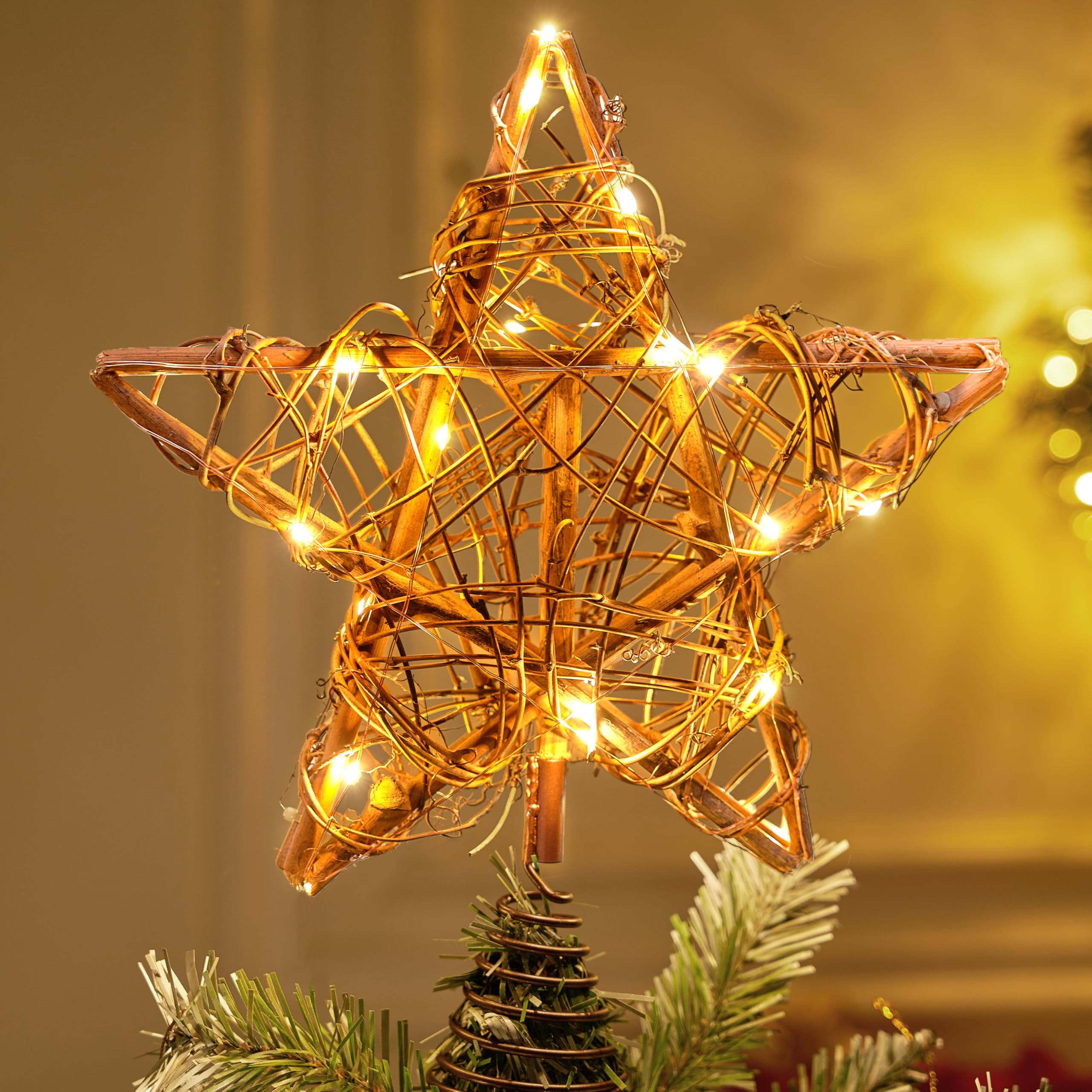Photo 1 of Joiedomi 10 Inch Christmas Tree Toppers, 50 LED Rustic Rattan Star Tree Topper Lighted with Lights for Xmas Tree Decorations, Holiday Party Indoor Decor