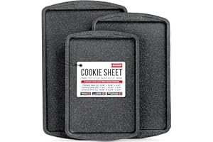 BAKKENMASTER Bakken Swiss Cookie Sheet 3 Piece Set - Non-Stick, Stackable Baking Pans, Gray marble Deluxe Ceramic Coating – Dishwasher Safe - for Home Baking
