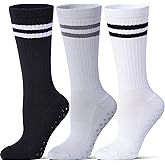 Toetally Pilates Grip Socks for Women,Striped Yoga Non Slip Cushioned Long Socks for Barre, Dance, Workout 3 Pairs