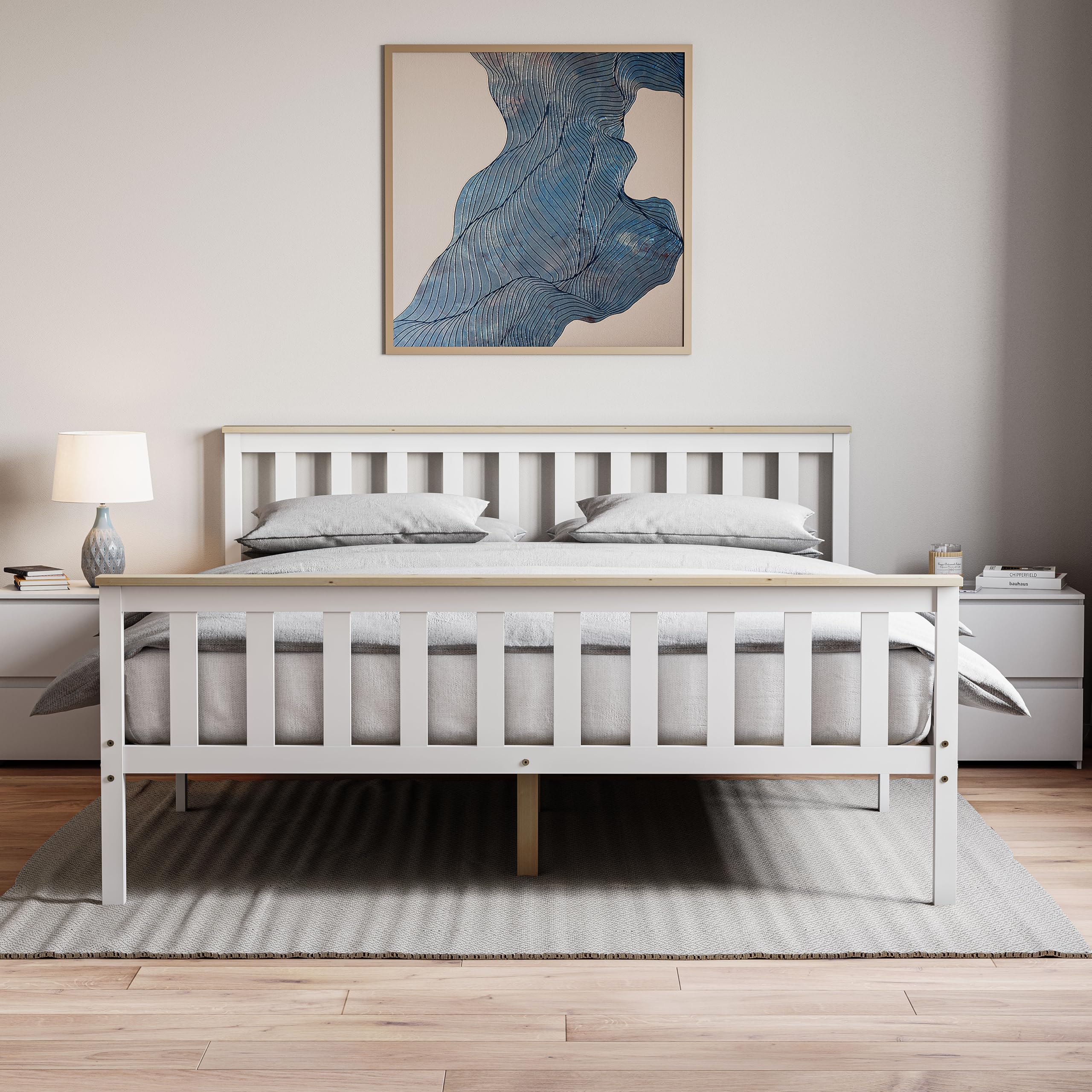 Vida Designs Milan King Size Bed, 5ft, Bed Frame, Solid Pine Wood, Headboard, High Foot End Bedroom Furniture, White And Pine