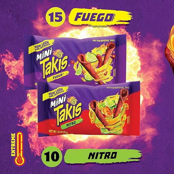 TAKIS MINI 25 PC / 1.23 OZ BITE SIZE VARIETY PACK, ASSORTED FLAVORED MIXED ROLLED TORTILLA CHIPS – (15) FUEGO MINI 1.23 OZ, (10) NITRO MINI 1.23 OZ