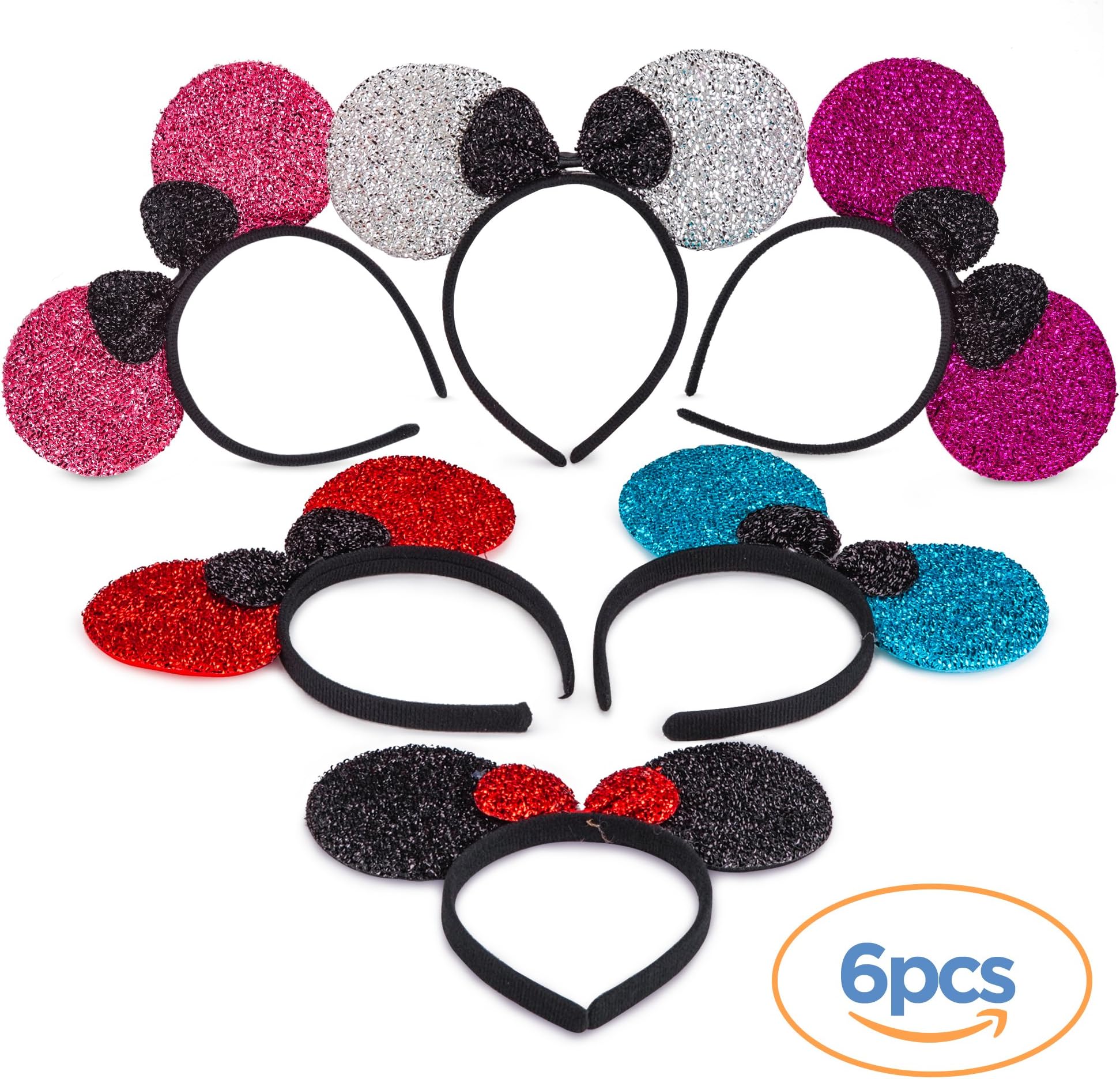 Flexible Minnie Mouse Ears - Perfect Glitter Headbands for Costume Accessories and Boys Girls Kids Party - Pack of 6, Solid Black and Red Bow