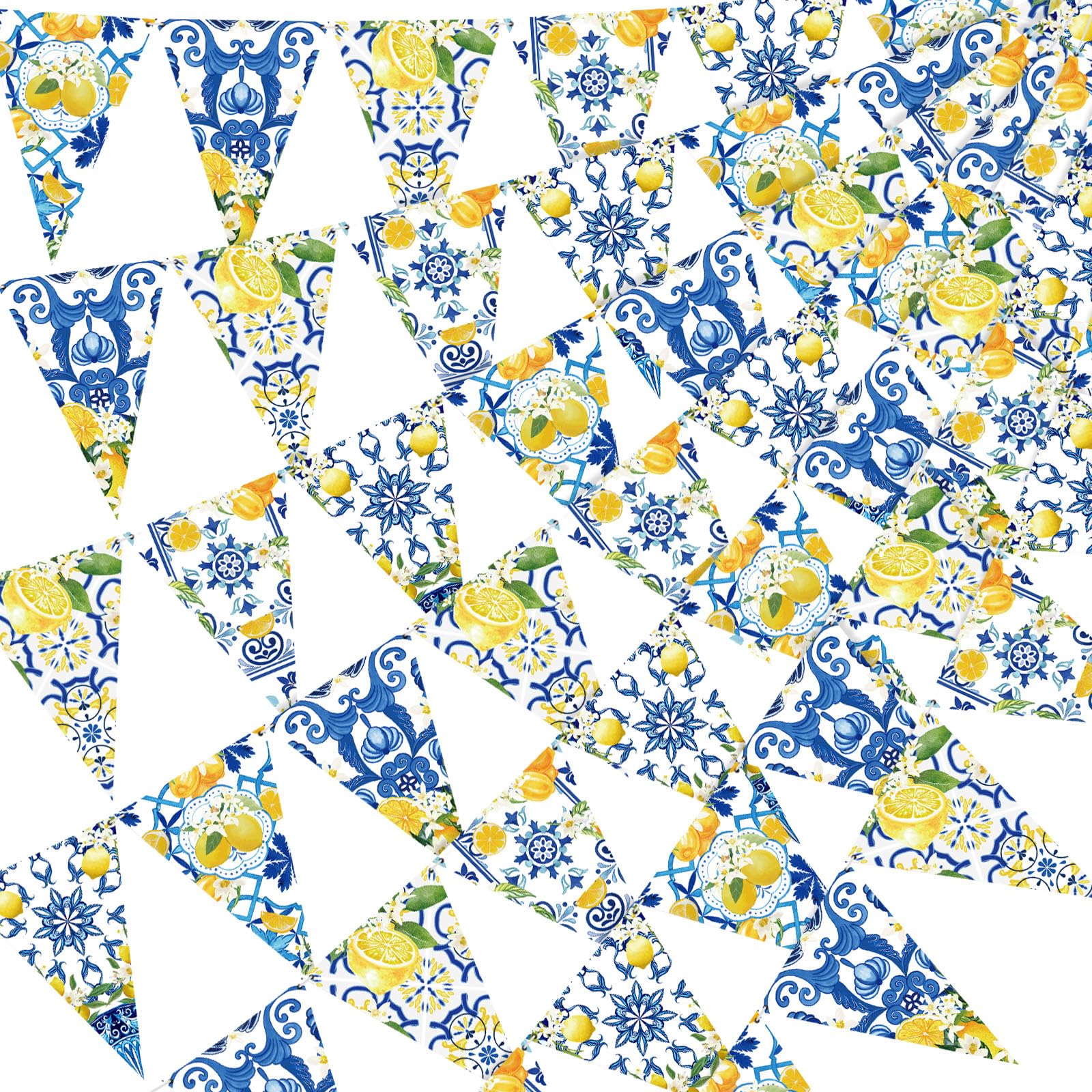 Photo 1 of Faccito 5 Pcs Blue Tiles Lemon Decor Lemon Bunting Banners Blue Tiles Paper Pennant Garlands Lemonade Hanging Triangle Flags for Wedding Birthday Bridal Shower Bachelorette Party Decorations