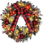 Chrisxiao 24 Inch Christmas Wreath for Front Door, Christmas Wreaths with Pine Cones, Berry Clusters, Frosted Branches and Red Bow, ffor Home Door Window Wall Indoor Outdoor Christmas Decoration