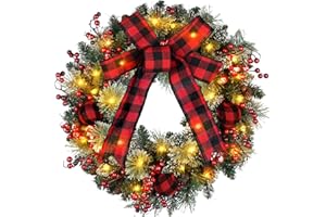 Chrisxiao 24 Inch Christmas Wreath for Front Door, Christmas Wreaths with Pine Cones, Berry Clusters, Frosted Branches and Red Bow, ffor Home Door Window Wall Indoor Outdoor Christmas Decoration