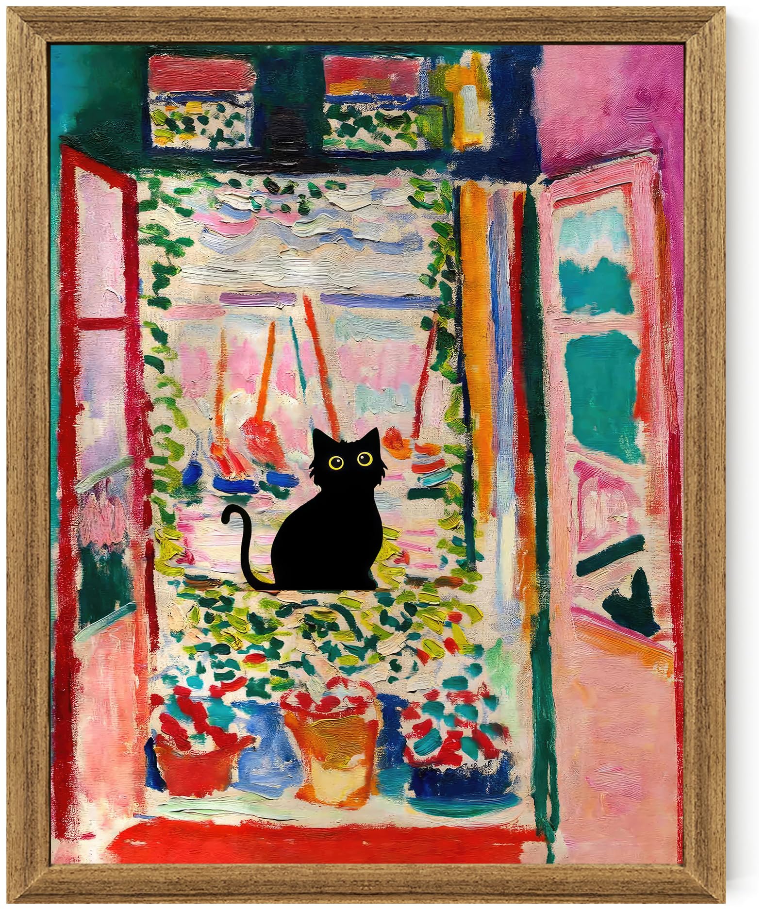Photo 1 of Fantasy Artists Henri Matisse Cat Wall Art, Framed Open Window Black Cat Canvas Poster Prints, Abstract Aesthetic Wall Decors for Living Room, Oil Paintings for Room Bathroom Decorations 8" X 10"
