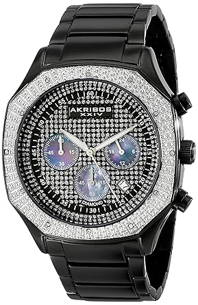 Akribos XXIV Mens AK778BK Chronograph Quartz Movement Watch with Black Dial and Stainless Steel Bracelet