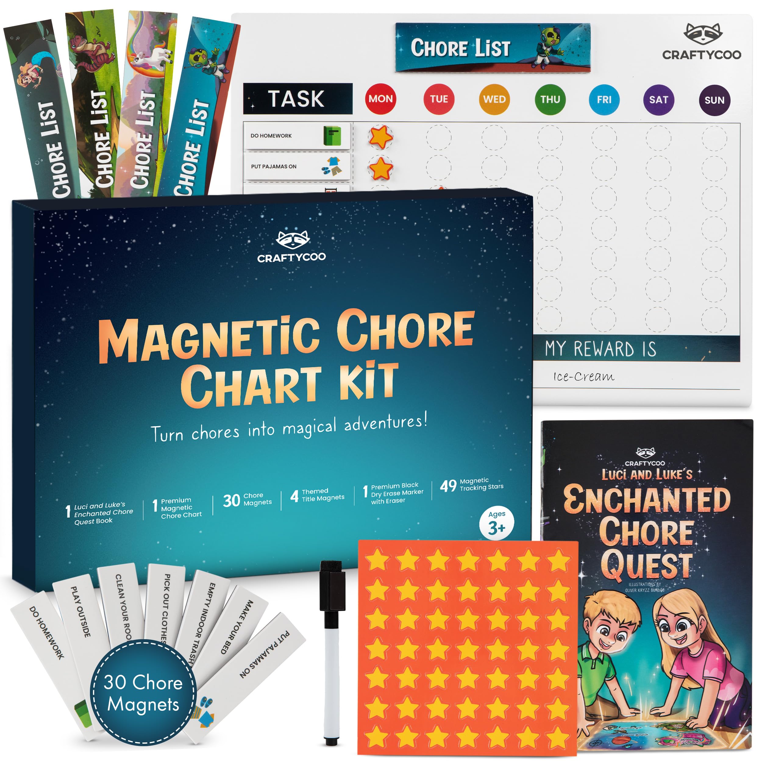 Photo 1 of CRAFTYCOO Magnetic Dry Erase Chore Chart for Kids with 34 Chore & Title Magnets, 49 Star Incentive Magnets, Storybook - Reward, Behavior, and Responsibility Chart for Toddler and Kids at Home