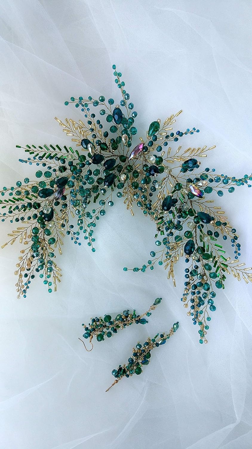 Kercisbeauty Green Beads Headpiece with Earrings Gold Headband for Brides Side Headband Hair Accessories Vintage Wedding Jewelry Handmade - Image 5