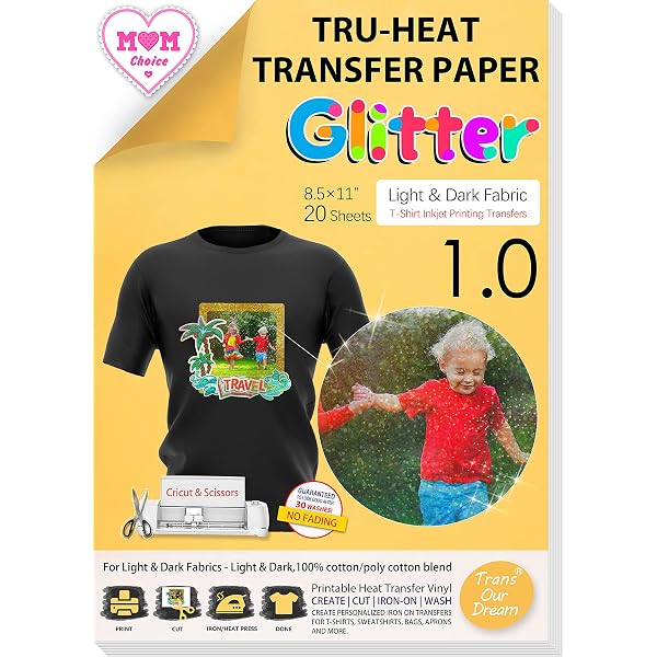 Amazon.com: TransOurDream Glitter DIY Personalized Gifts Tru-Iron on Heat  Transfer Paper for T Shirts (20 Sheets, 8.5x11") Printable Heat Transfer  Vinyl for Inkjet Printer