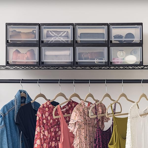 IRIS USA 6 QT. PLASTIC DRAWER STORAGE ORGANIZER STACKING DRAWERS, 8-PACK, STACKABLE UNIT WITH SLIDING DRAWER FOR CLOTHES BEDROOM KITCHEN UNDER SINK PANTRY CRAFT ROOM BATHROOM DORM OFFICE, BLACK