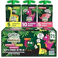 GoGo squeeZ Fruit & veggieZ Variety Pack, Jurassic Pear, Roarrrr Berry & Prehistoric Peach, 3.2 oz (Pack of 20), Unsweetened