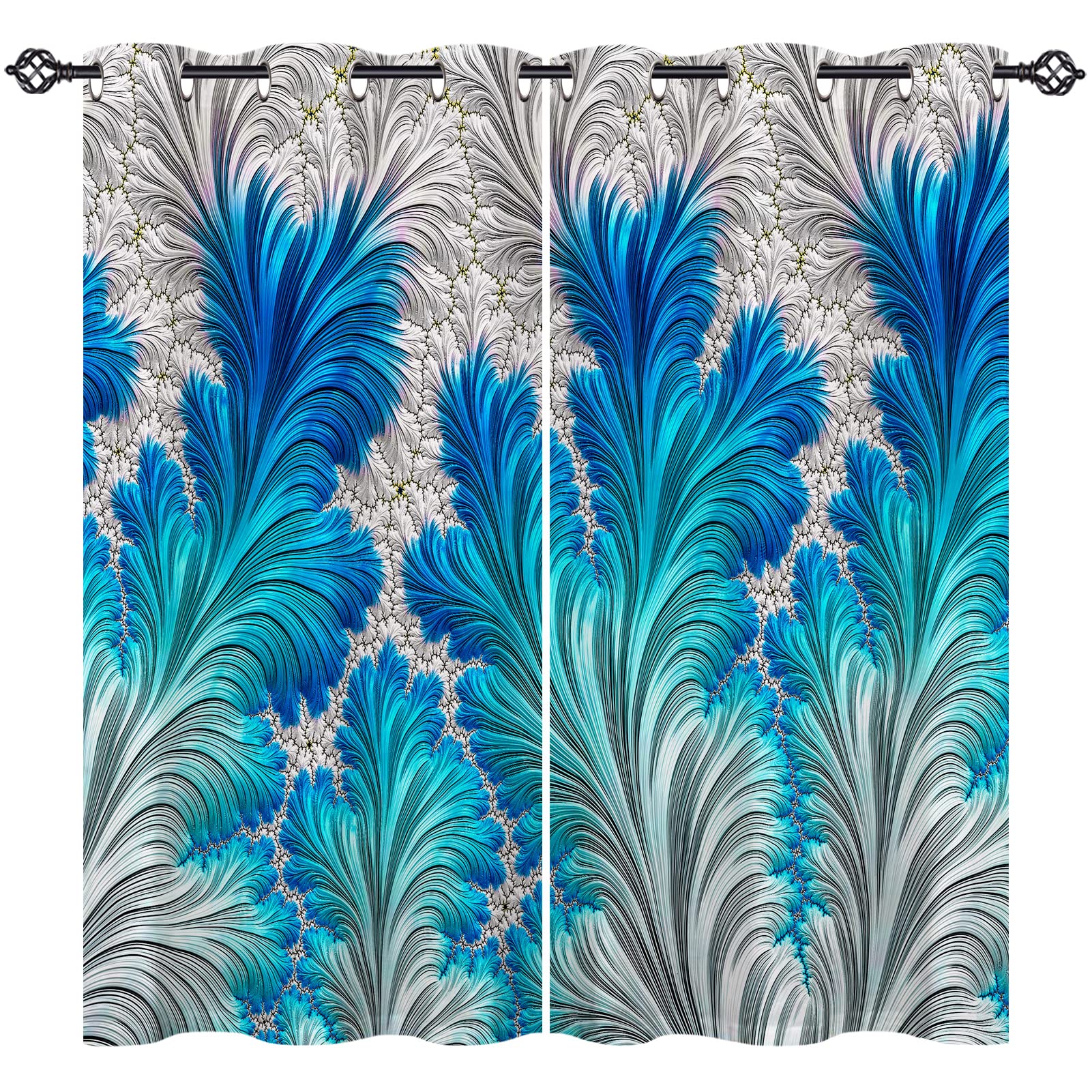 ANHOPE Abstract Curtains Eyelet Thermal Insulated Ring Top 80% Blackout Curtains with Fractal Flower Geometry Wave Turquoise Print Pattern Window Drapes for Bedroom Living Room 46 x 54 Inch 2 Panels