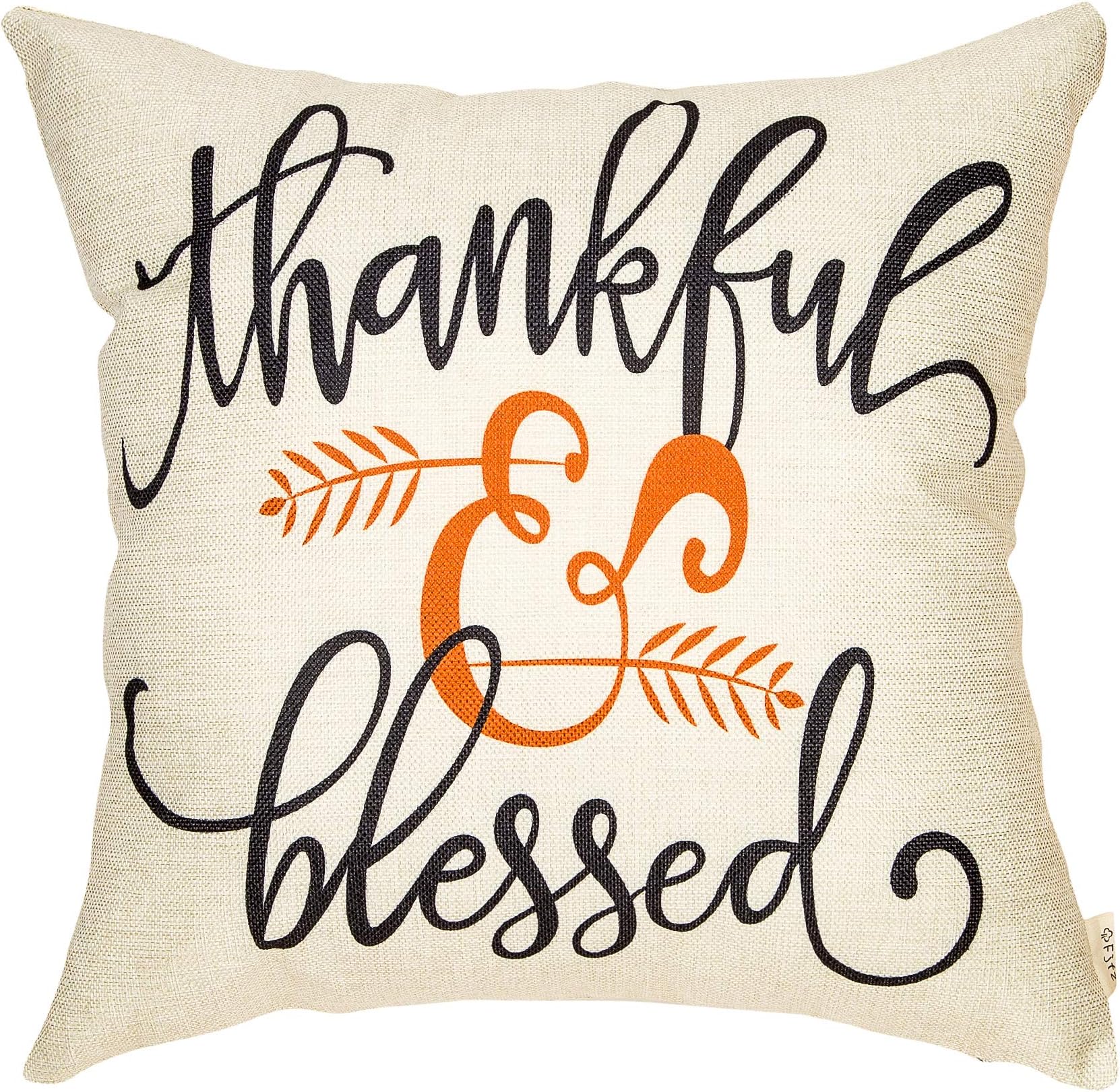 FjfzRustic Autumn Fall Décor Thankful and Blessed Farmhouse Style Thanksgiving Day Decoration Cotton Linen Home Decorative Throw Pillow Case Cushion Cover with Words for Sofa Couch, 18" x 18"