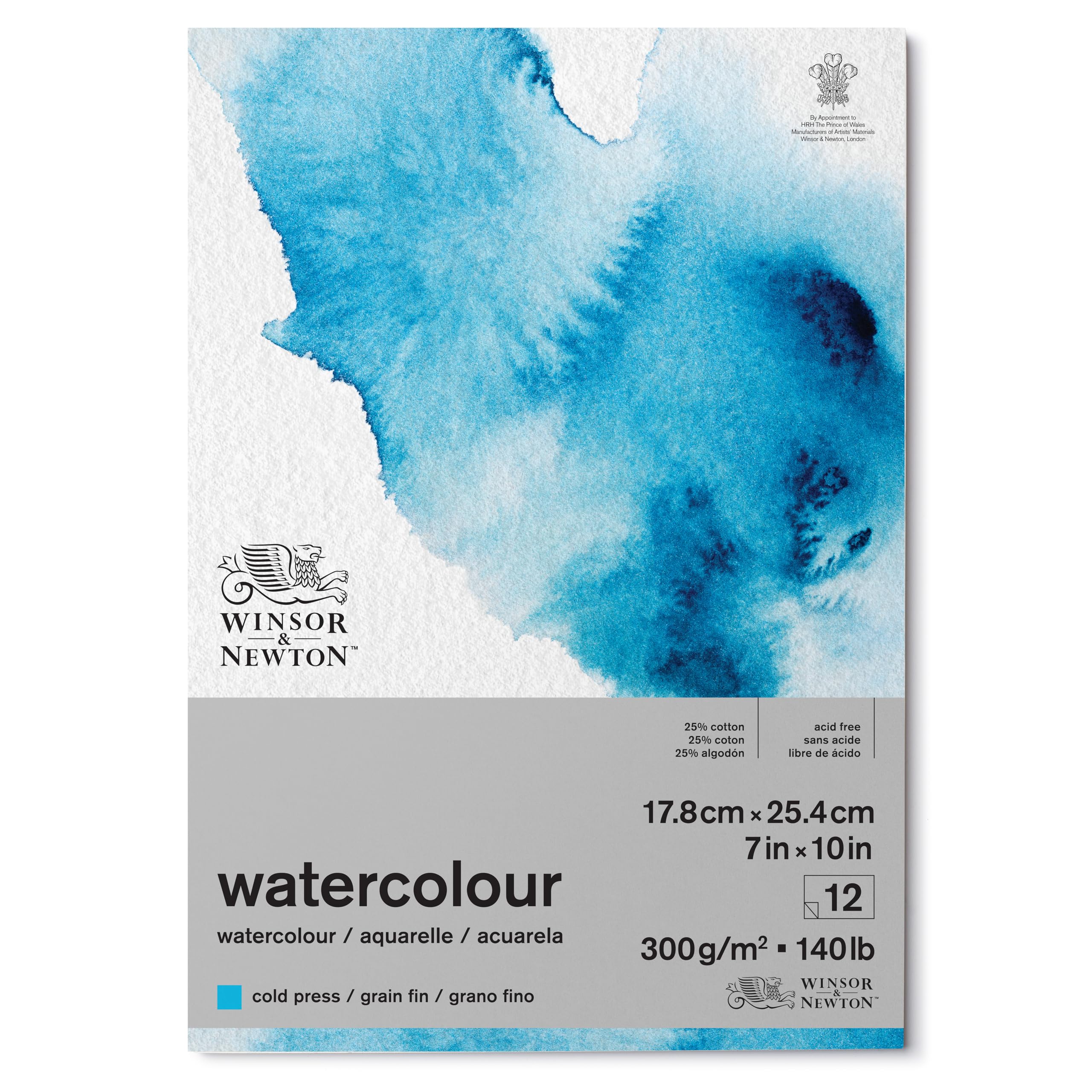 Winsor and Newton Watercolour Paper Pad, 17.8 x 25.4 cm, 12 Sheets, 300 g/m, Glue Bound, Cold Pressed, Acid , Mixture of 25 Percent Cotton and Cellulose Fibres, Natural White
