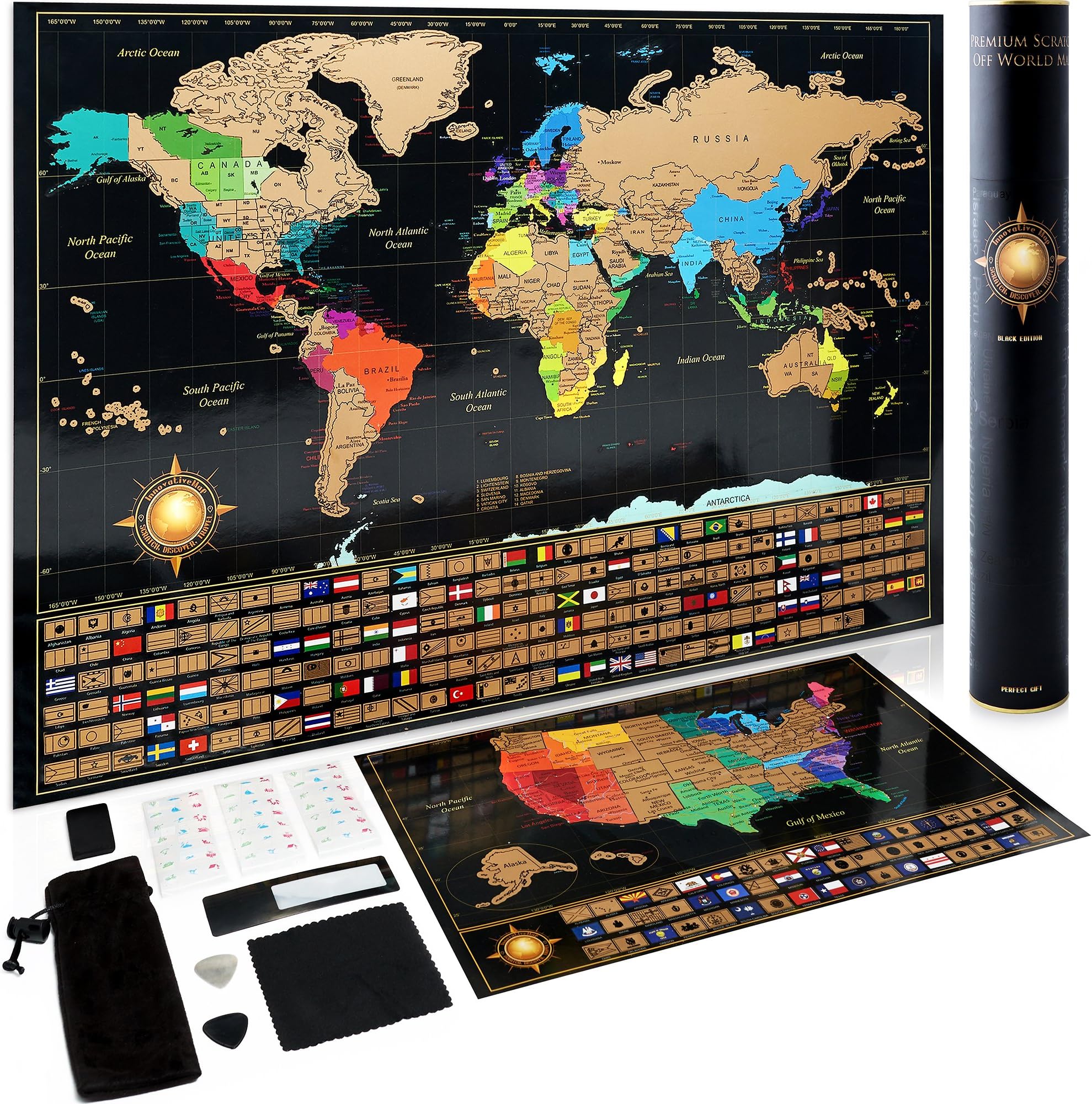 Scratch Off World Map Poster + Deluxe United States Map –Includes Complete Accessories Set & All Country Flags – Premium Wall Art Gift for The Loved Ones – Bonus USA Traveler’s eBook