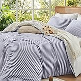Ivellow 100% Washed Cotton Striped Duvet Cover King 3 Pieces Jacquard Textured Breathable Soft Bedding Set Boho Comforter Cover with Zipper Closure &amp; 8 Corner Ties, Harbor Blue 104"x90"