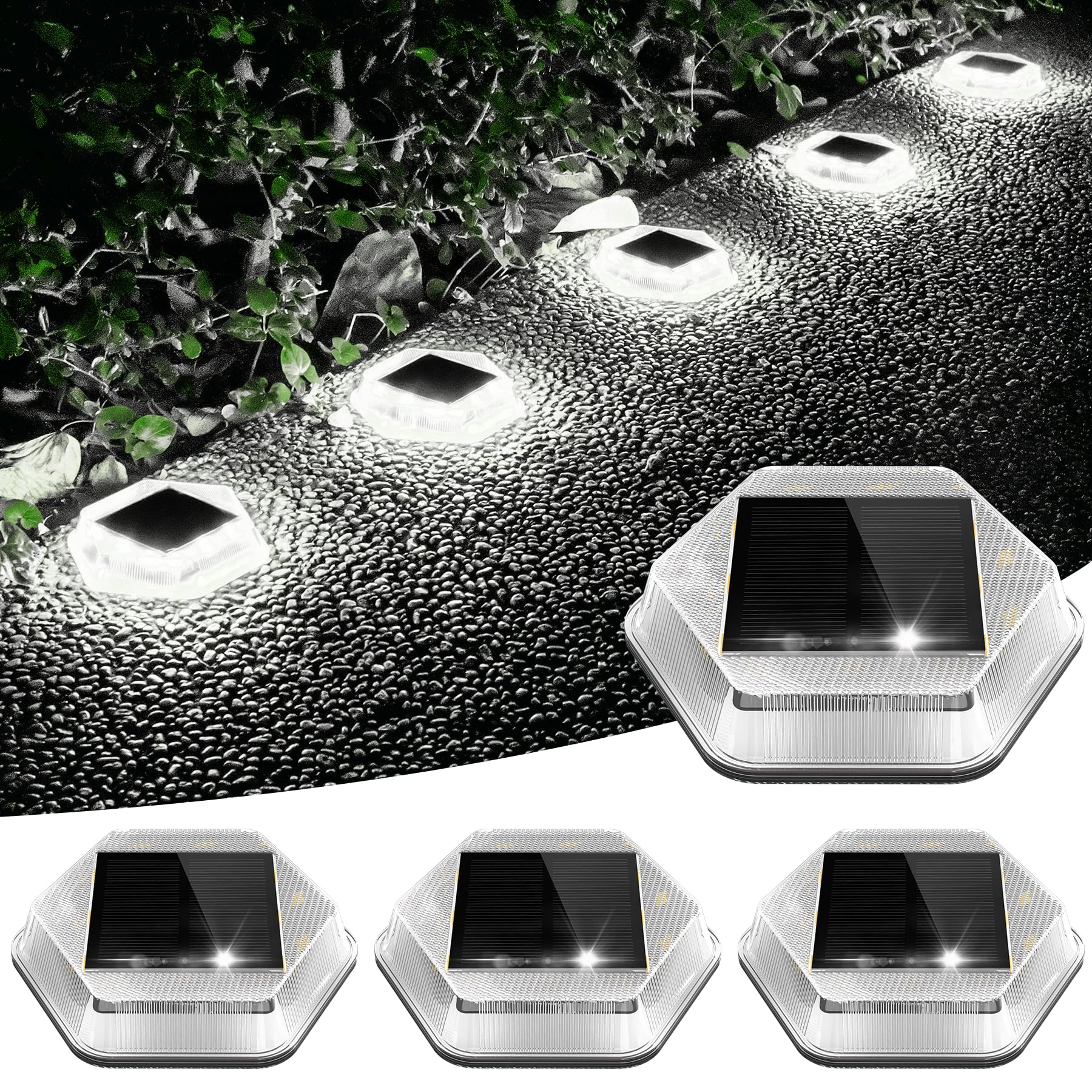NATPOW Solar Deck Lights, Dusk Till Dawn Outdoor Lights, Cool White Ground Lights, Waterproof Step Light, LED Disk Lighing for Garden Sidewalk Runway Fence Patio Pathway 4Pack
