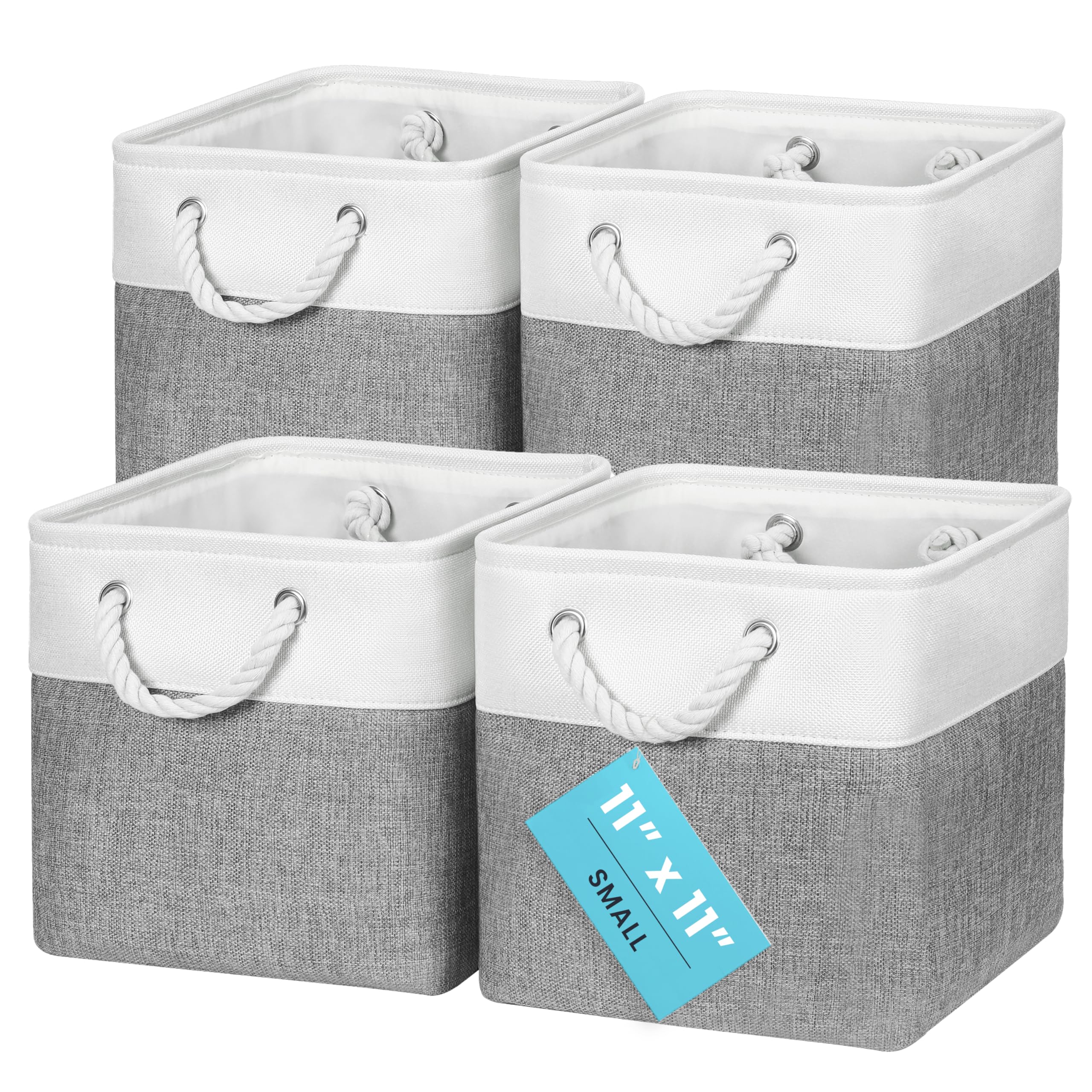 OrganiHaus Fabric Storage Boxes, Set of 4 Foldable 28x28 Cube Organiser Bins with Rope Handles for Shelves, Nursery & Closet, Collapsible Storage Baskets for Toys, Clothes & More - Grey/Off-White