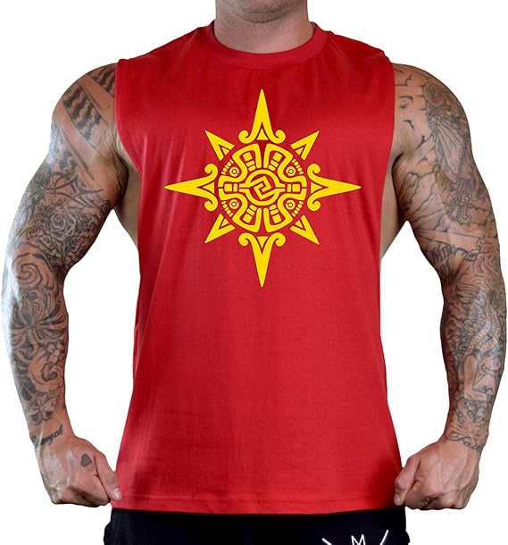 Amazon Yellow Ancient Aztec Sun Symbol Tee V383 Men s Red Gym T 