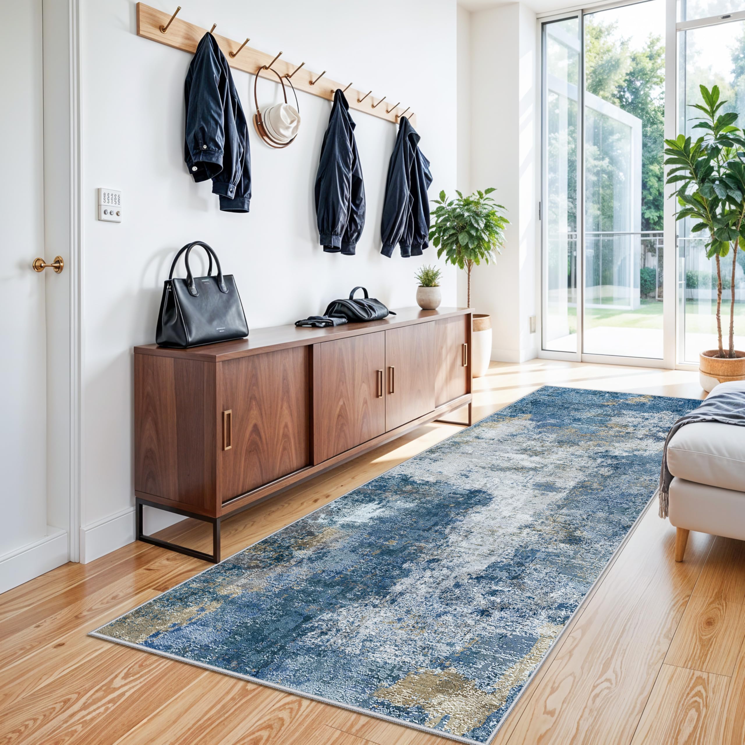 Photo 1 of 3x8 Washable Hallway Runner Rug: Modern Abstract Non-Slip Kitchen Rug for Bedroom Entryway - Ultra Thin Soft Low-Pile Stain Resistant Throw Floor Mat for Boho Home Decor (3X8 Blue-W)