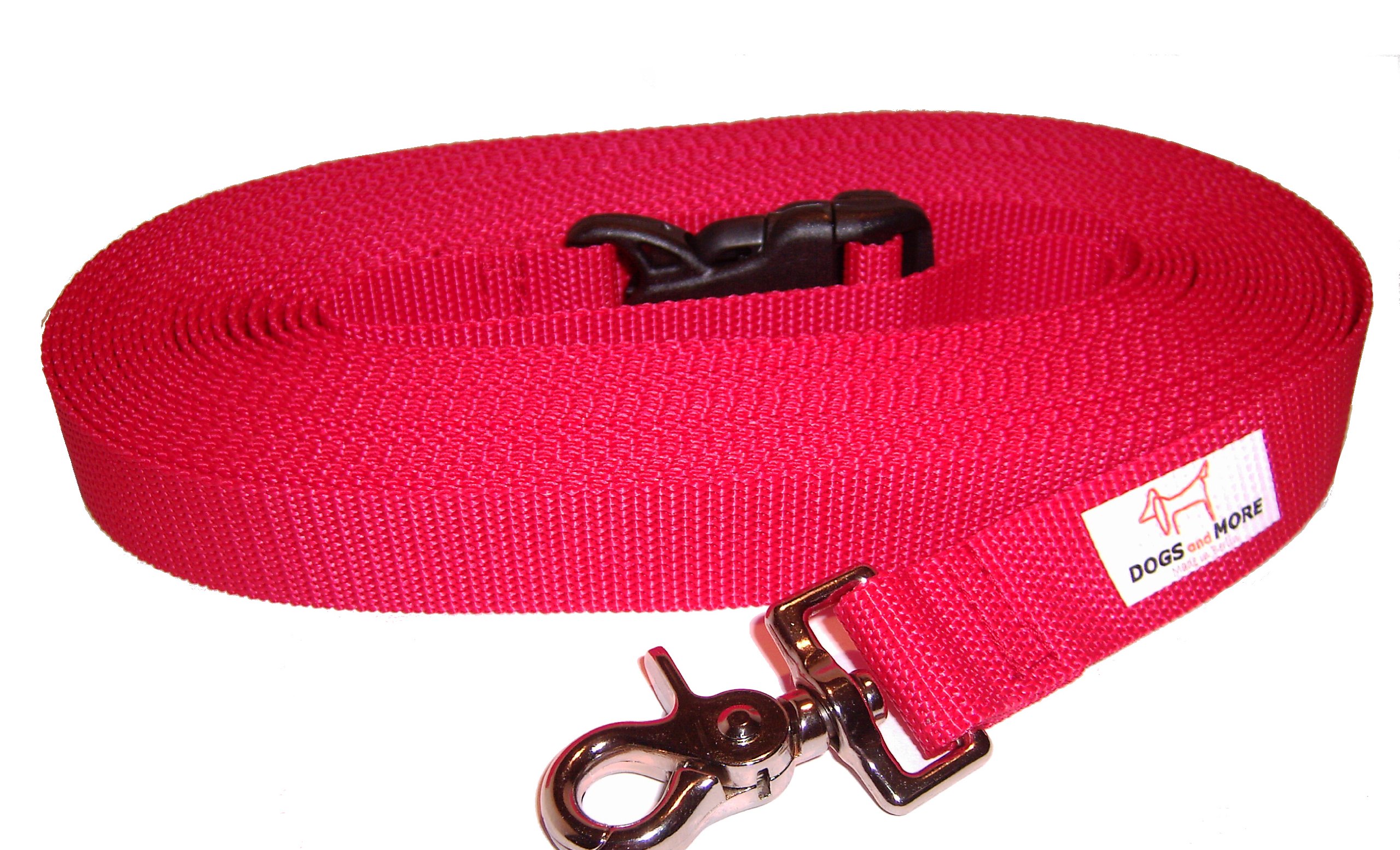 DOGS and MORE – EXTENDABLE Tracking / Training / Recall Leash with RELEASABLE wrist strap - 15 Meter (Red, 25 mm wide)