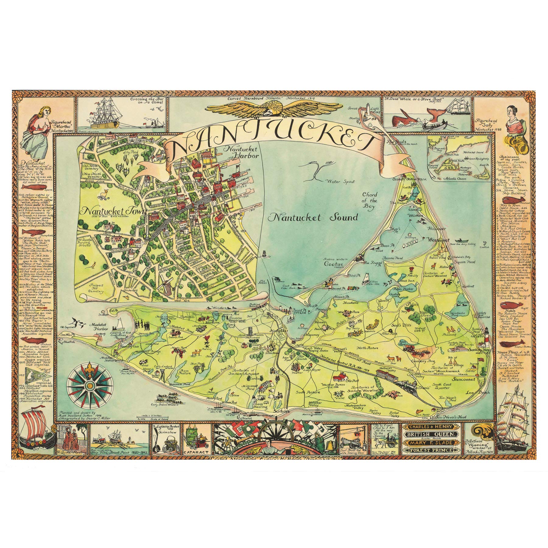 Sutton 1946 Pictorial Map Nantucket Island MA Large Wall Art Poster Print Thick Paper 18X24 Inch
