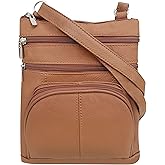 Roma Leathers Crossbody Zippered Purse - 3 Front Pockets, Adjustable Strap - Light Brown
