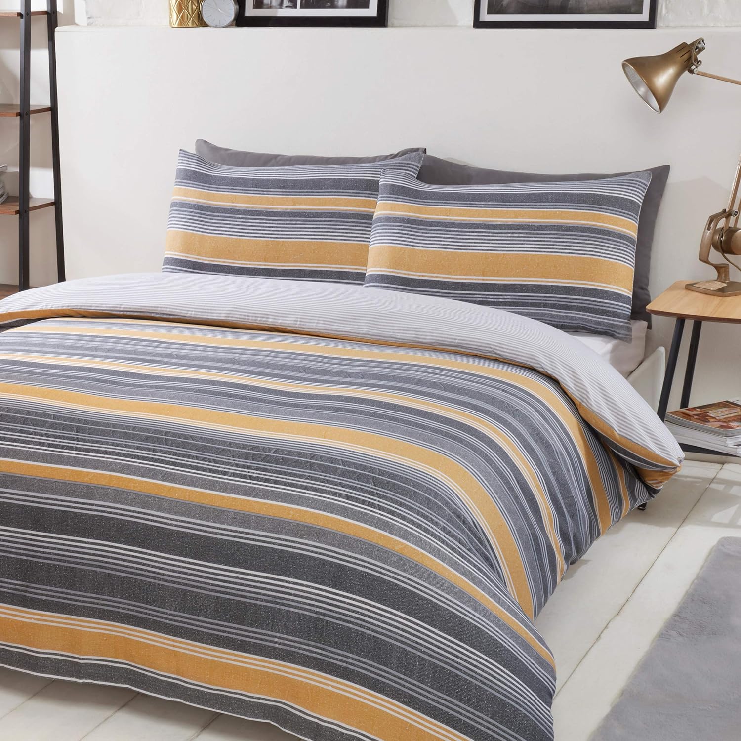 Sleepdown Chambray Stripe Mustard Reversible Soft Duvet Cover Quilt