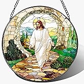 8 Inch He is Risen Resurrection of Jesus Stained Glass Suncatcher, Stained Glass Window Hanging, Sun Catchers Indoor Window Decor and Christmas, Christian Gift, Religious Gifts, Christian Home Decor