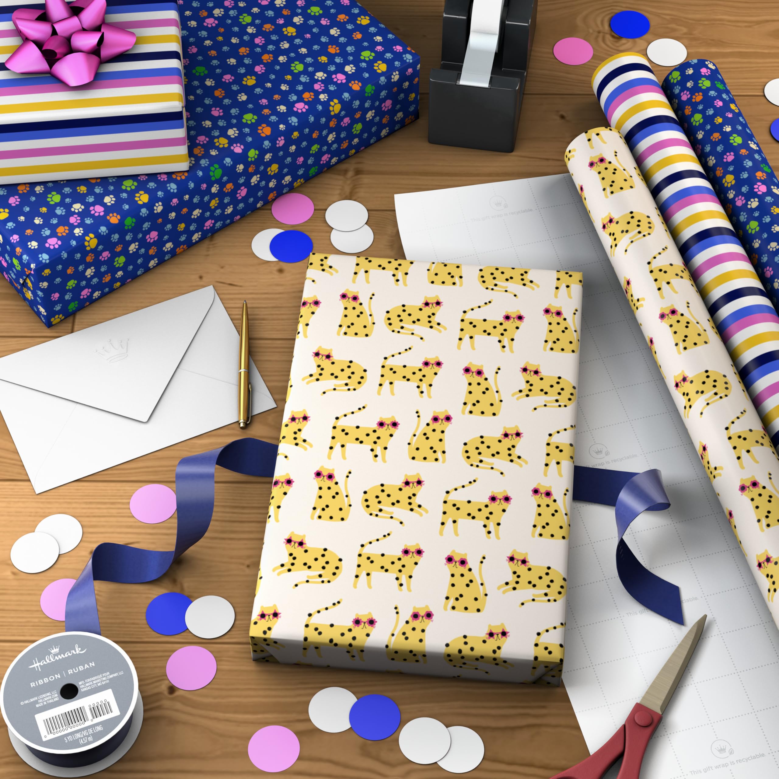 Condition photo showing New/Like New for hallmark cat wrapping paper rolls with cutlines on reverse (3 rolls: 75 sq. ft. total) cheetahs in s
