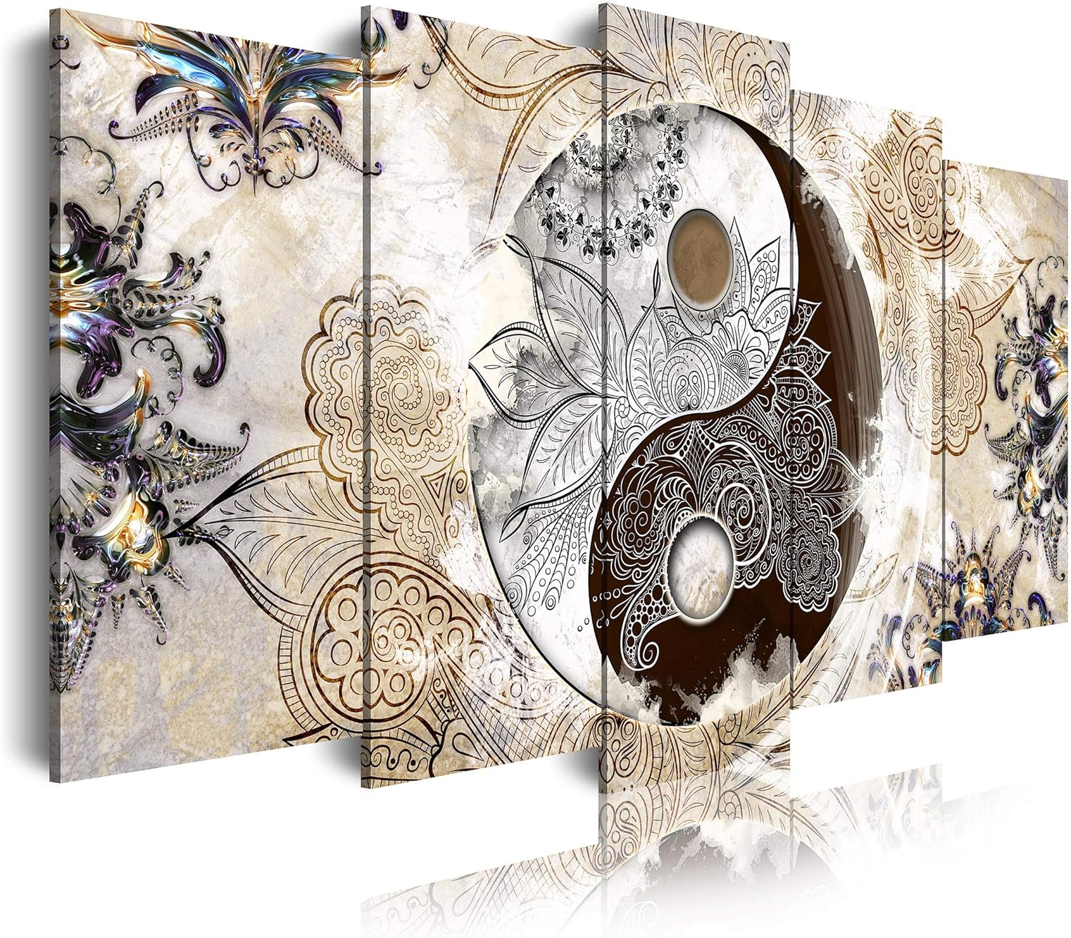 DekoArte 455 - Cuadros Modernos Impresión de Imagen Artística Digitalizada | Lienzo Decorativo para Tu Salón o Dormitorio | Estilo Ying Yang Abstractos Zen Colores Beige Marrón | 5 Piezas 150 x 80 cm