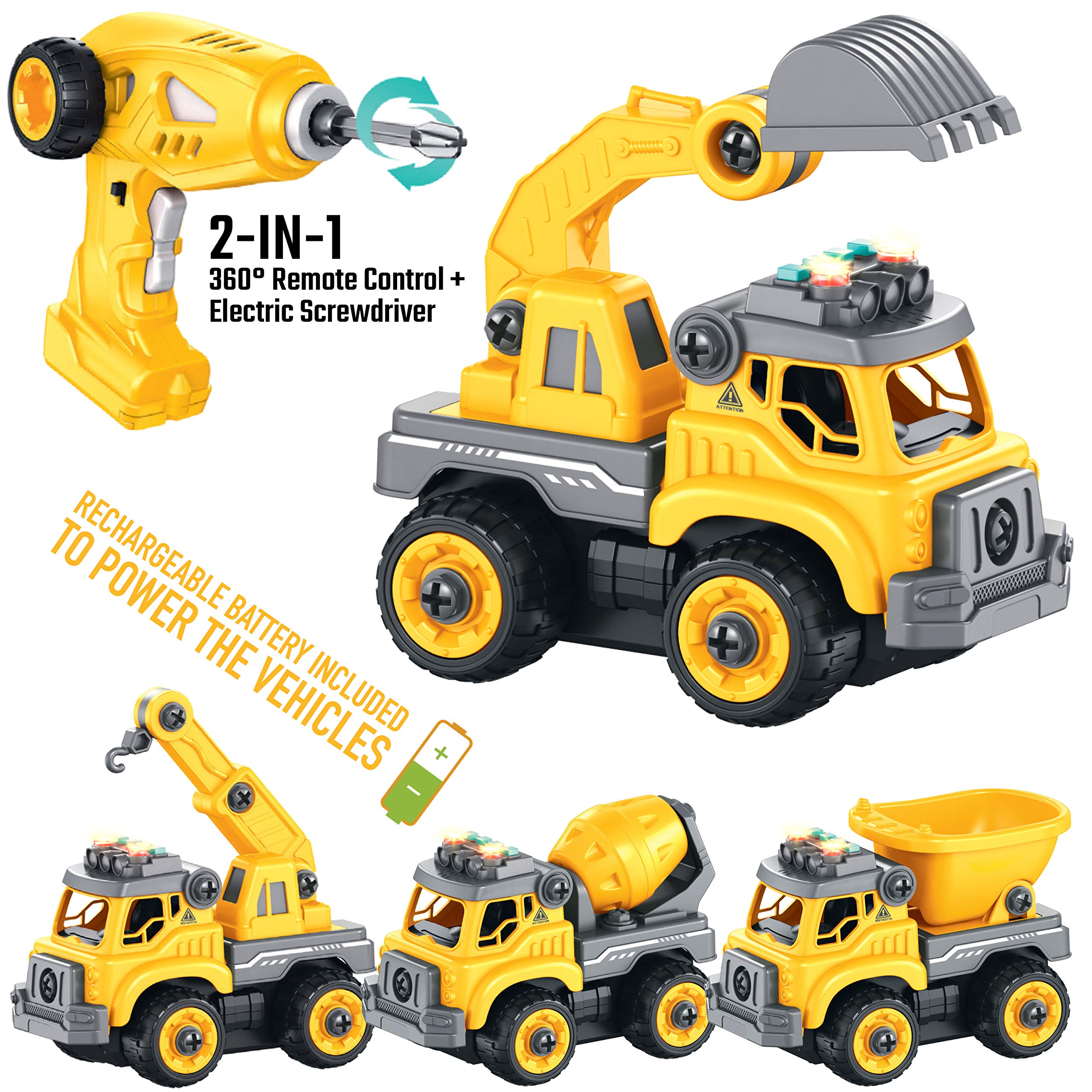 4-in-1 Take Apart Construction Toys for Kids, 36Pcs RC Car Trucks w/Electric 360° Drill Remote Control, DIY STEM Vehicle Building Toy, Sounds, Lights, Rechargeable, 3 4 5 6 7 Year Old Boys, Girls