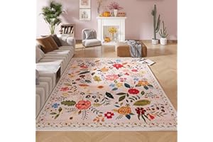 Rugcomf Living Room Rug 5x7 Rug Machine Washable Boho Area Rug Non Slip Floral Vintage Low Pile Large Rugs for Living Room, Bedroom, Farmhouse, Dining Room, Kids Playroom(Beige)